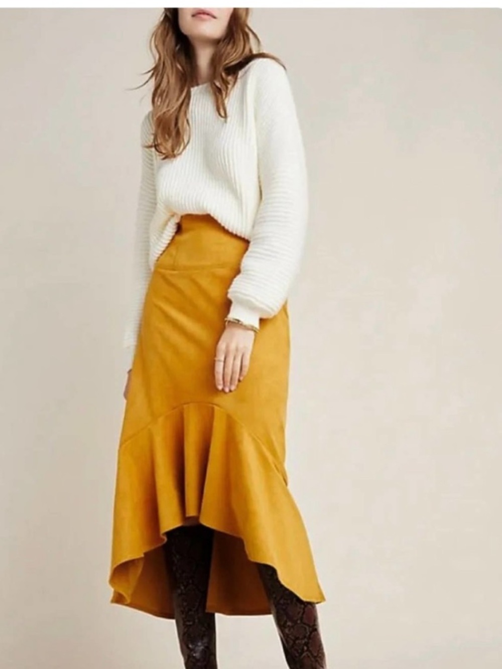 ANTHROPOLOGIE Cosima Yellow Faux Suede Midi Skirt Size 10